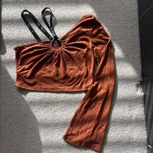 SHEIN Brown Asymmetrical Crop Top with Cut Out and Ruched Design